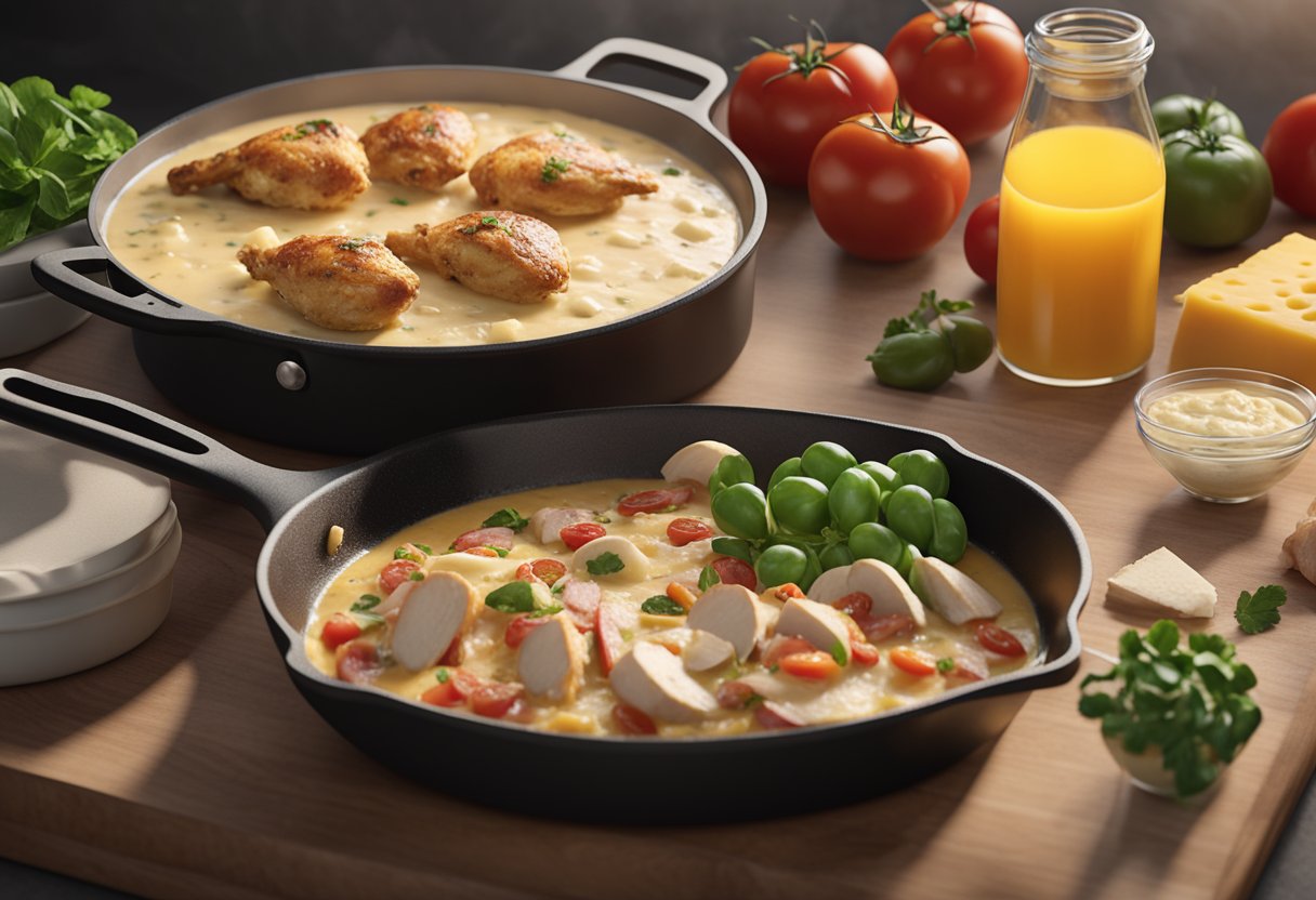 A table with ingredients: chicken, bacon, tomatoes, garlic, and cheese. A skillet with chicken cooking in a creamy sauce