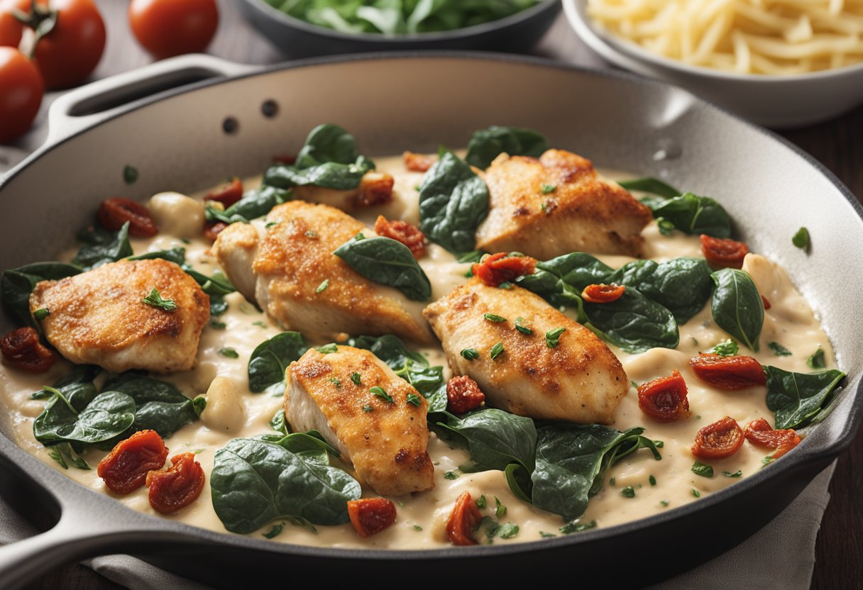 A skillet sizzles with chicken, sun-dried tomatoes, and garlic in a creamy sauce. Spinach wilts as it's added. A sprinkle of parmesan finishes the dish