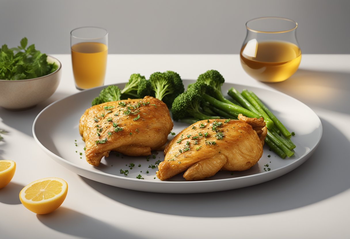 A plate of golden-brown chicken with a side of steamed vegetables and a sprinkle of herbs, set on a white table with a simple, elegant backdrop