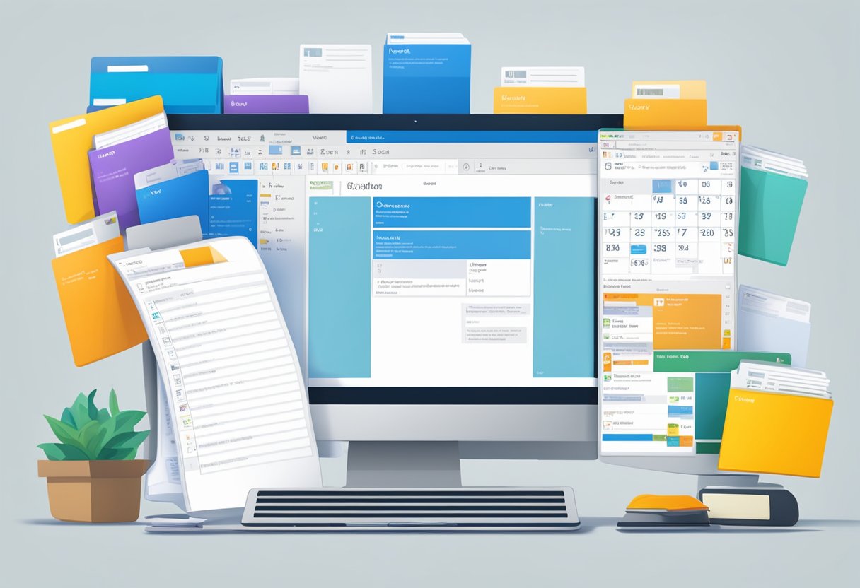 A computer screen displaying Microsoft Outlook with organized email folders and a calendar