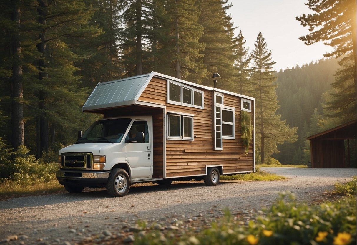 A tiny house parked in a serene, wooded area with a gravel driveway and a clear, designated parking spot