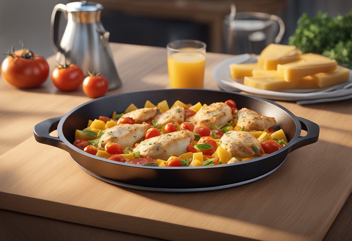 A large skillet sizzles with chicken, tomatoes, and cheese, ready to serve a crowd or a cozy dinner for two