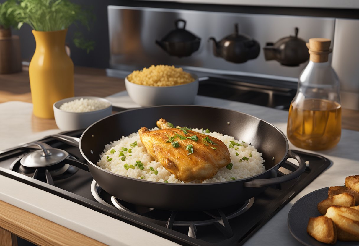 A skillet sizzles with chicken, onions, and garlic. A pot of rice simmers on the stove. A bottle of marinade sits nearby