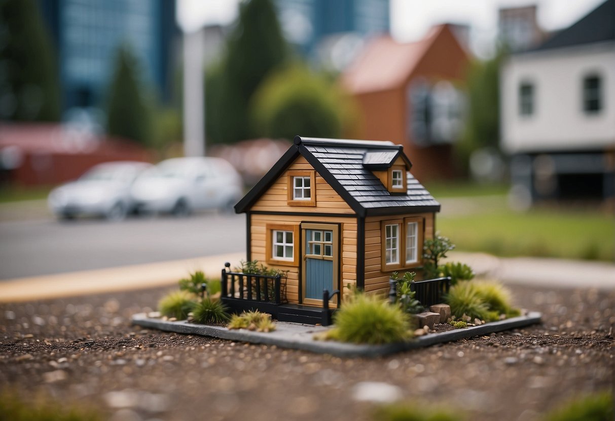 A tiny house parked in a designated area, surrounded by zoning signs and regulations posted on nearby buildings