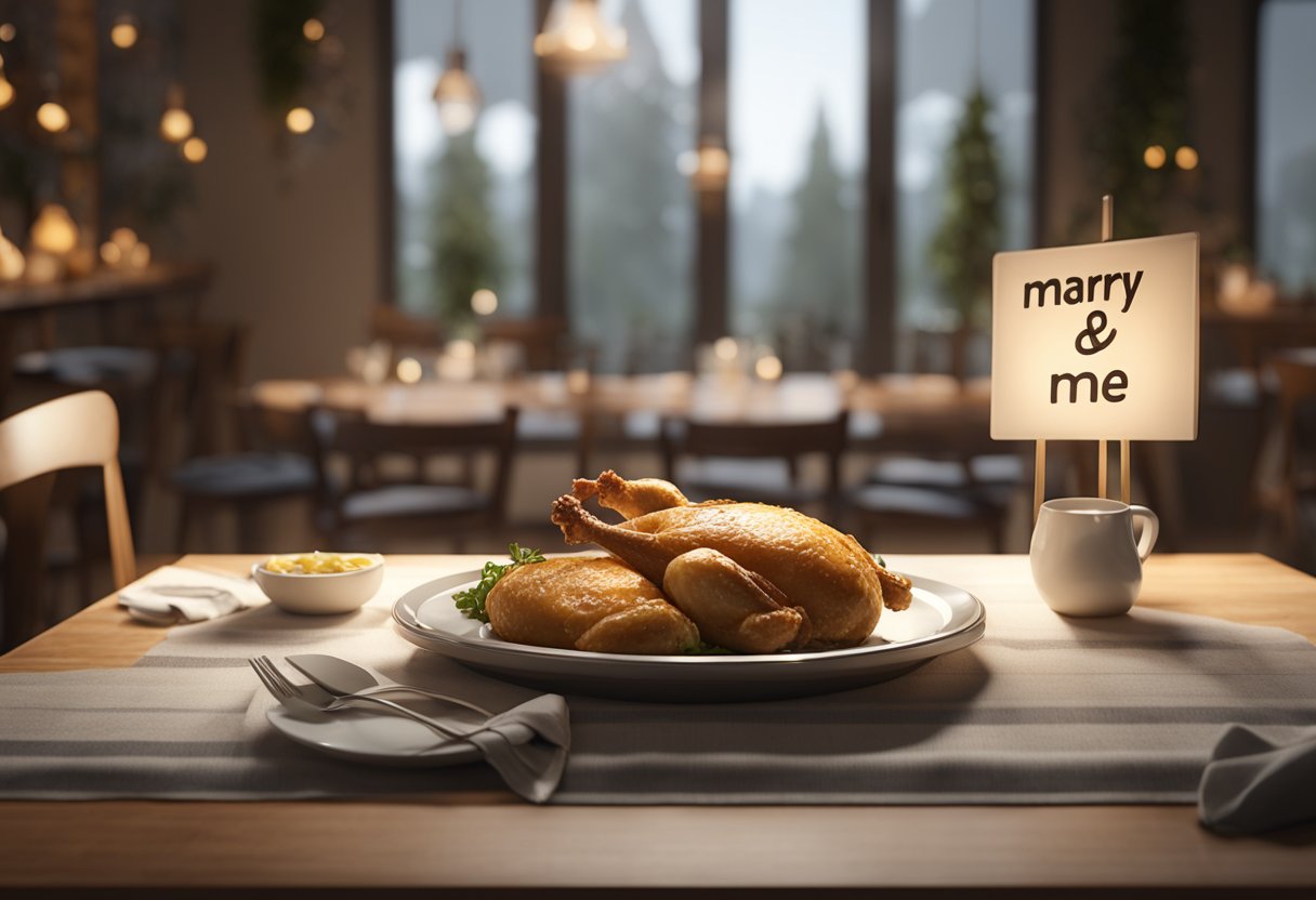 A table set with a plate of chicken, a ring, and a sign that reads "Marry Me" in a cozy, inviting atmosphere