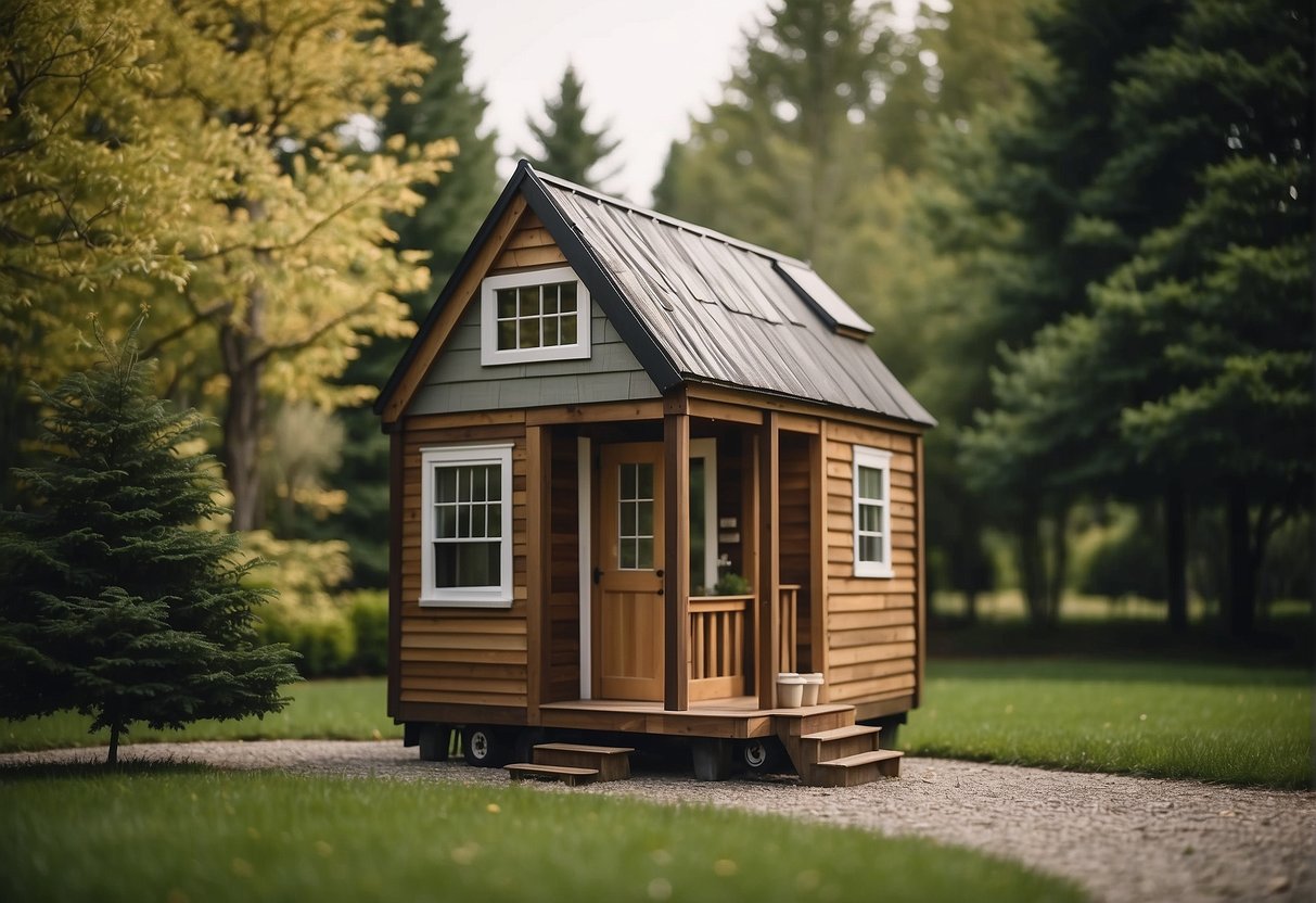 A tiny house sits on a grassy lot, surrounded by trees. A small gravel driveway leads up to the house, with space for parking alongside