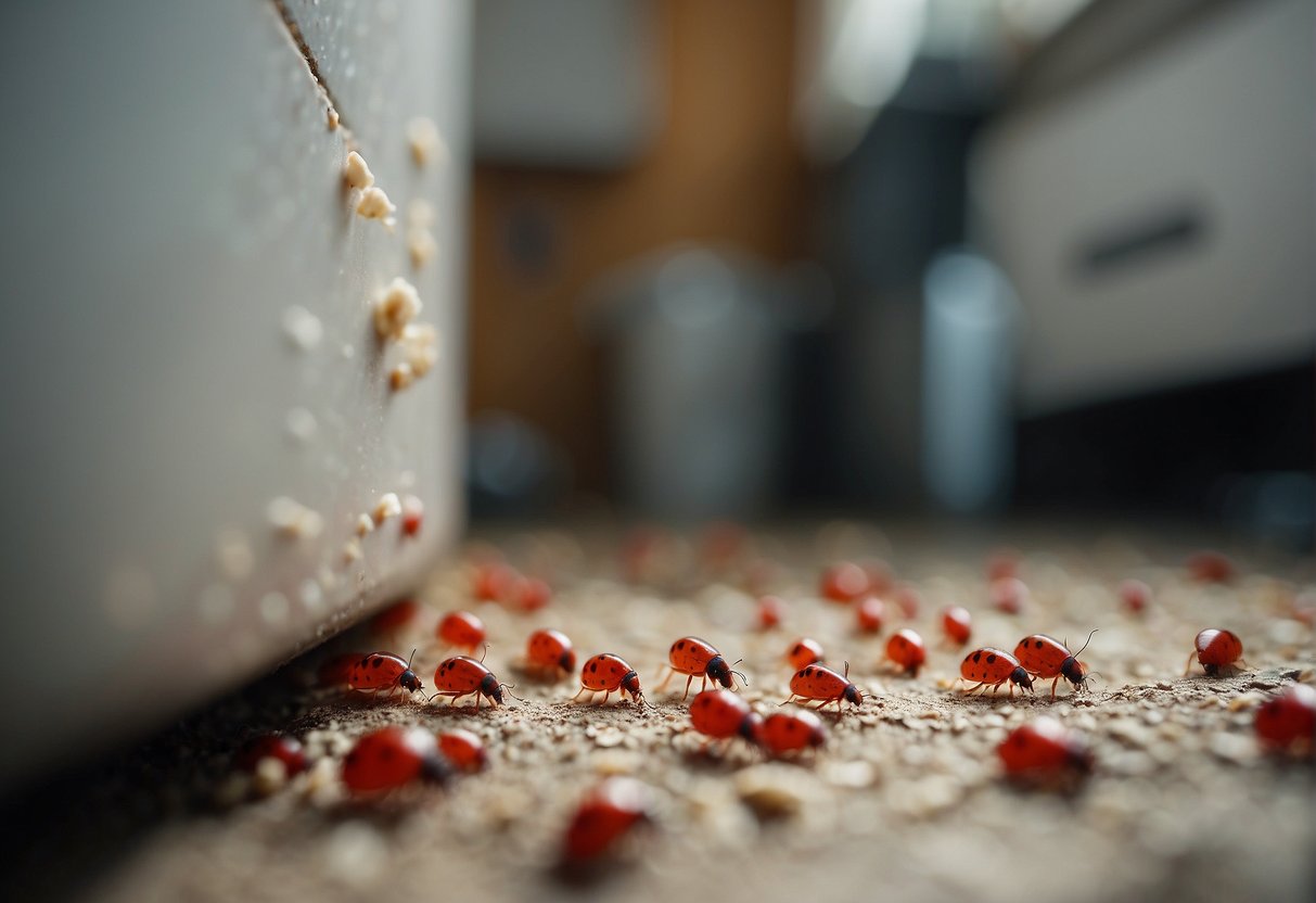 Tiny red bugs crawl across the kitchen floor and walls. They gather around crumbs and food scraps, creating a trail of movement