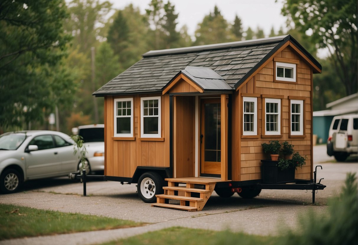 A tiny house parked in a designated area with a sign that reads "Frequently Asked Questions: Where can I park a tiny house?"