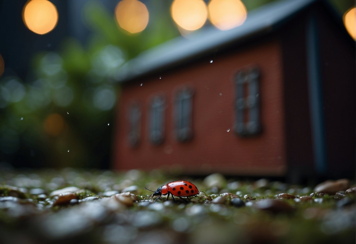 Tiny red bugs scatter across the floor and walls of a dimly lit house, seeking shelter and sustenance