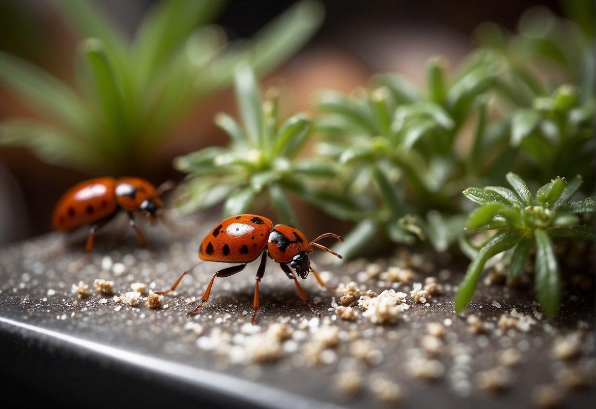 Tiny red bugs crawl across a kitchen counter, some clustered around crumbs, others exploring a potted plant