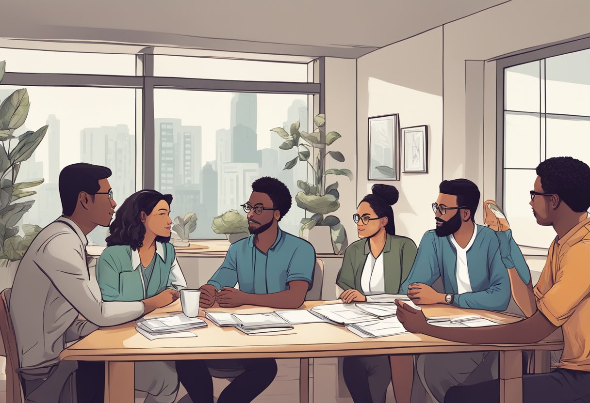 A group of diverse individuals engage in role-play, discussing complex world issues. They take on different perspectives and work through scenarios for personal growth
