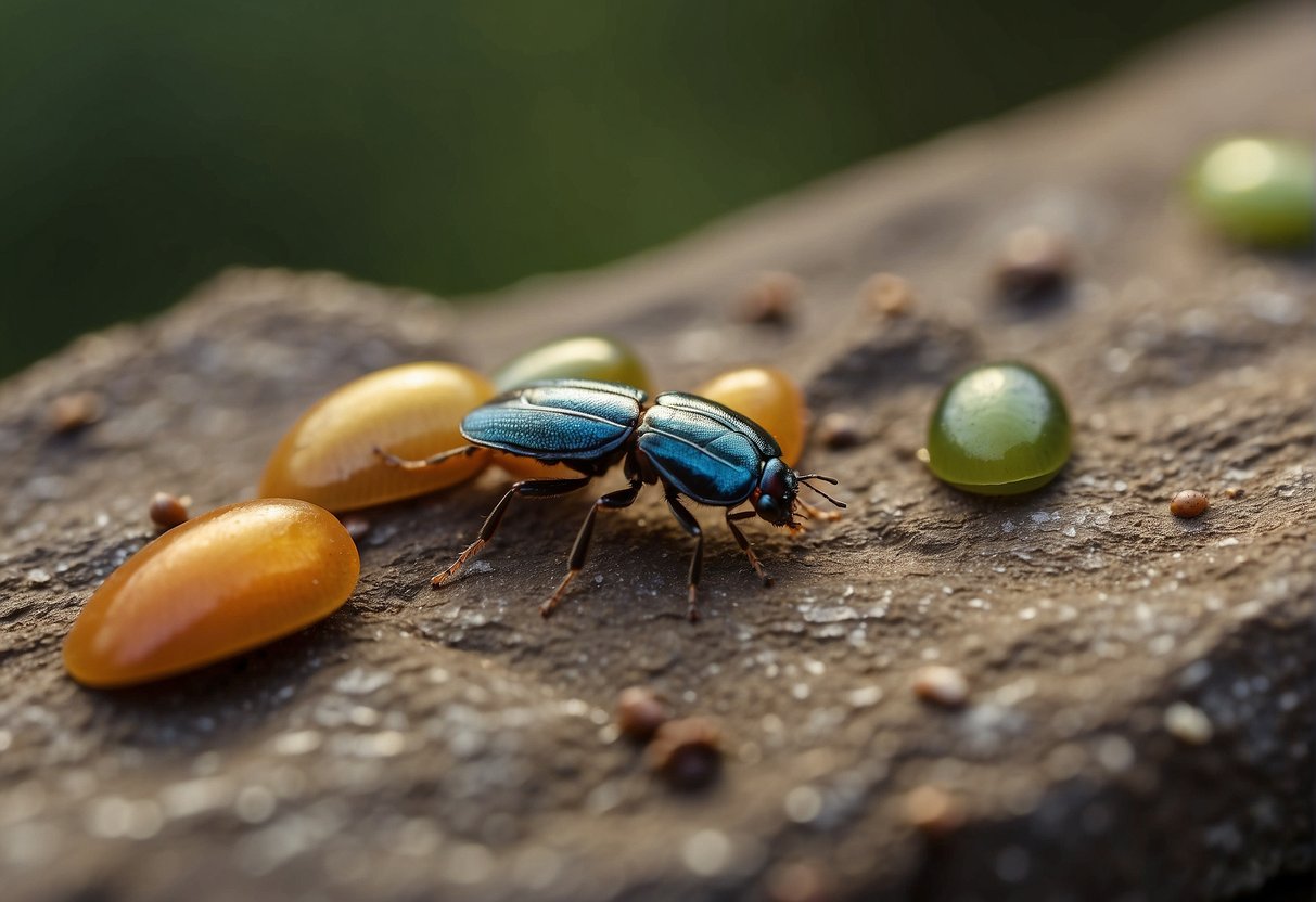 Small bugs scattered on household surfaces, near food and water sources. Varying shapes and colors, some with wings, others crawling