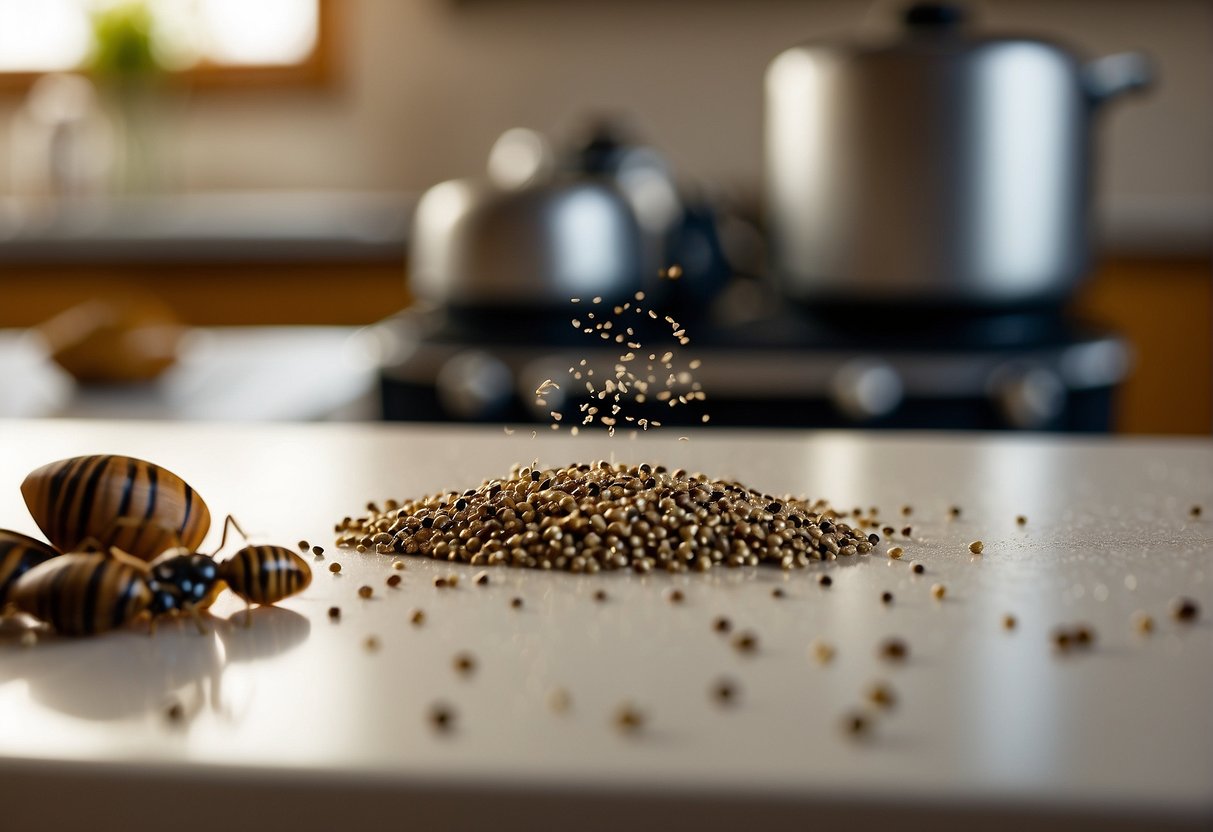 Tiny bugs scatter across a kitchen counter, invading a sugar jar. A hand reaches for bug spray nearby