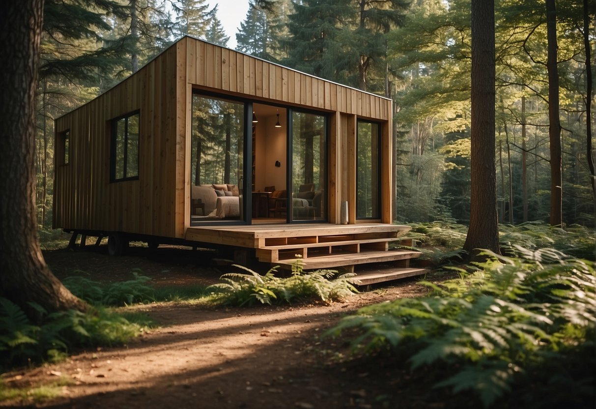 A tiny house sits nestled in a serene forest clearing, surrounded by tall trees and dappled sunlight filtering through the leaves