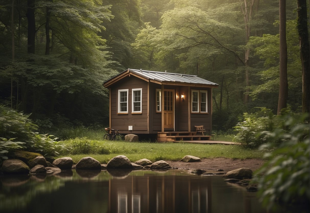 A tiny house nestled in a tranquil forest clearing, surrounded by lush greenery and a babbling brook, with a sign indicating zoning approval