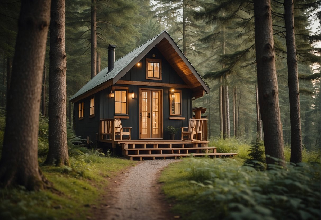 A cozy tiny house nestled in a serene forest clearing, with a small porch and a rustic exterior. Surrounding the house are tall trees and a winding path leading to the front door