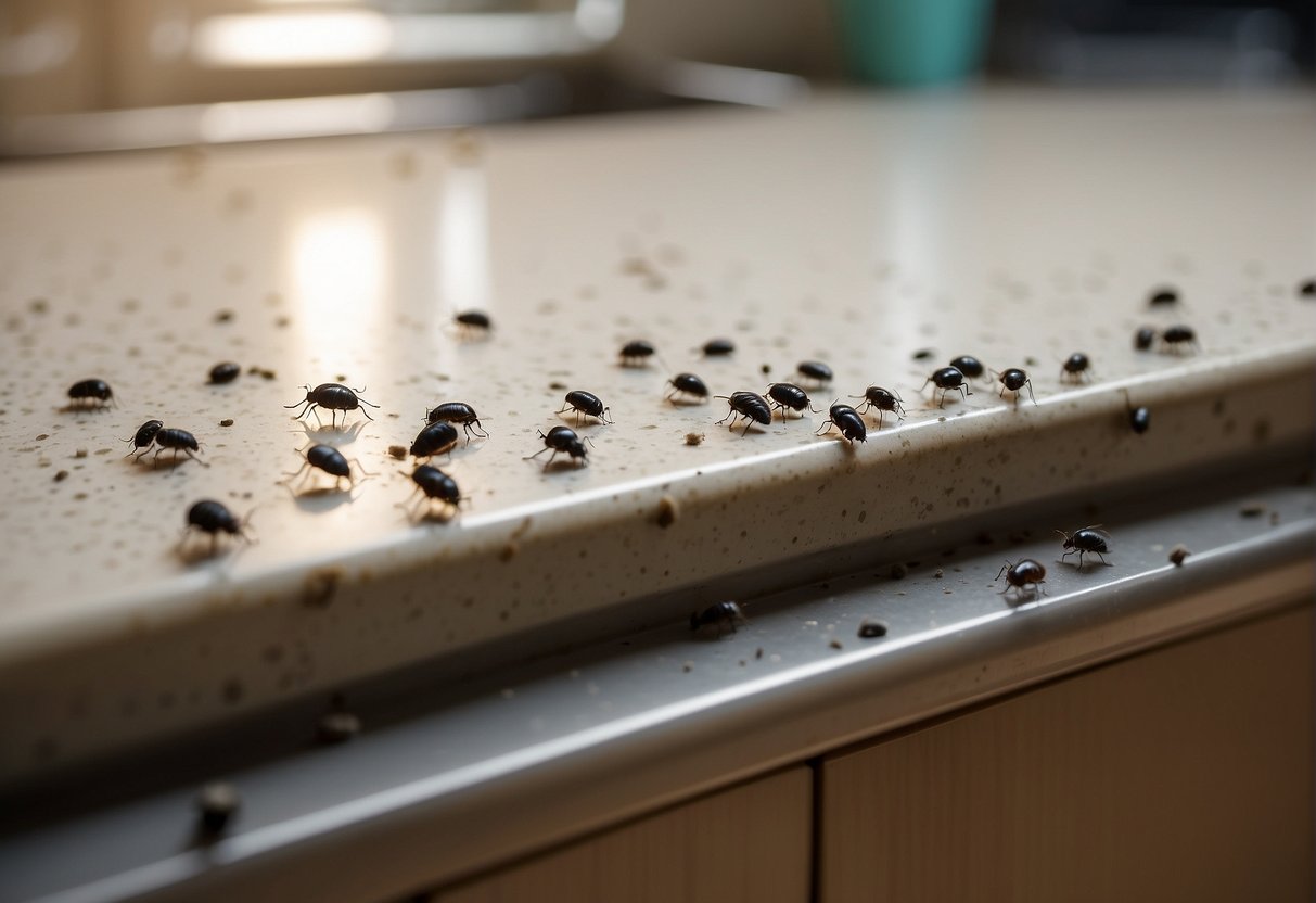 Tiny bugs swarm on a kitchen countertop, crawling along the edges and disappearing into cracks in the wall