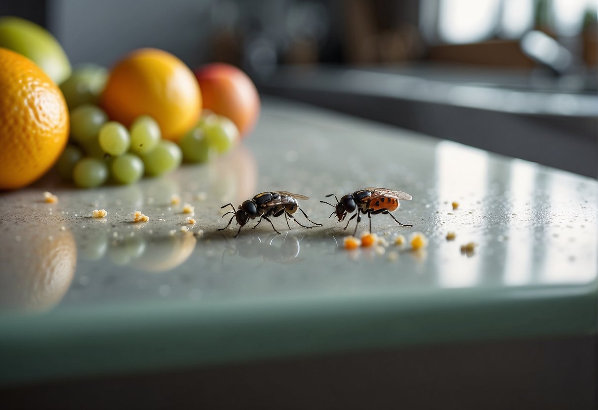Tiny bugs crawl on kitchen counter, near crumbs and spilled sugar. Some fly near fruit bowl