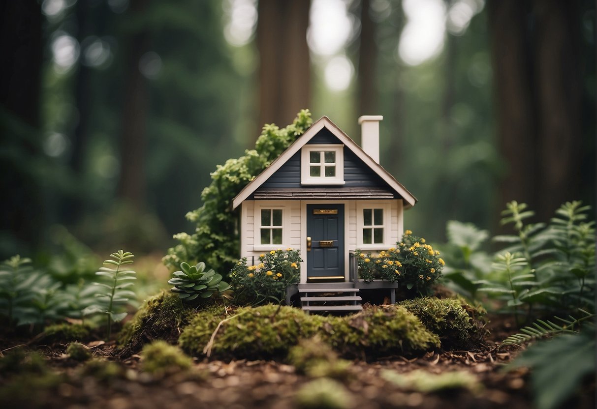 A tiny house surrounded by nature, with a sign reading "Frequently Asked Questions: Where can you live in a tiny house?" displayed prominently