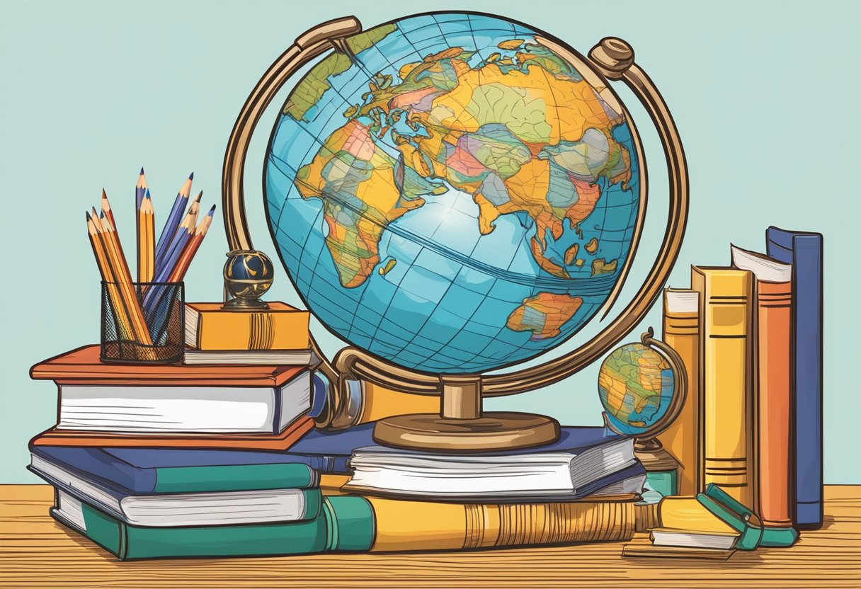 Students' brains radiate bright light, surrounded by books, pencils, and a globe. A trophy sits proudly on the desk, symbolizing academic achievement