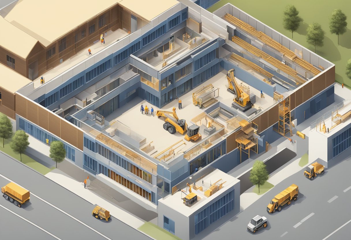 A school building being constructed with a focus on sharp thinking and academic success. Materials being laid out and workers busy at the construction site
