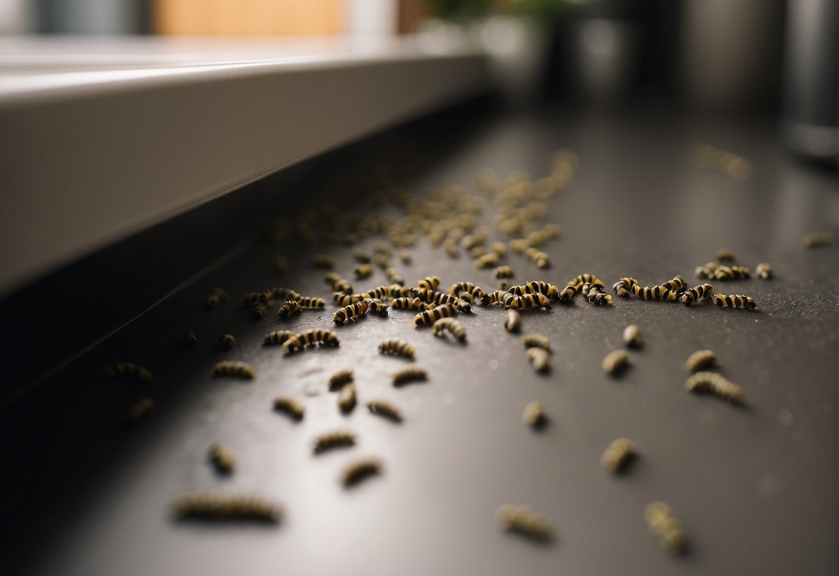Tiny caterpillars crawl across a kitchen floor, exploring the unfamiliar environment of a human home