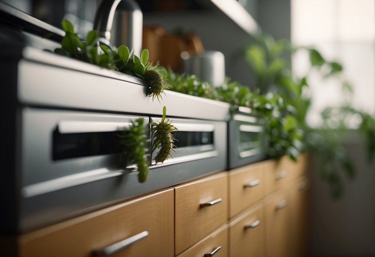 Tiny caterpillars crawl along the kitchen counter and under the cabinets, while others cling to the leaves of indoor plants