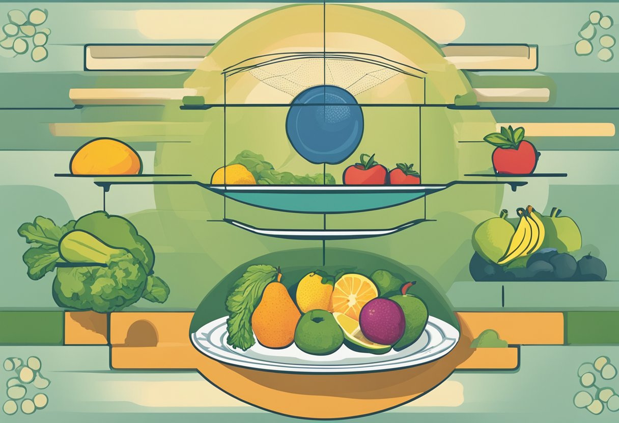 A balanced plate of fruits, vegetables, and lean protein. A cancer cell shrinking while a healthy cell thrives