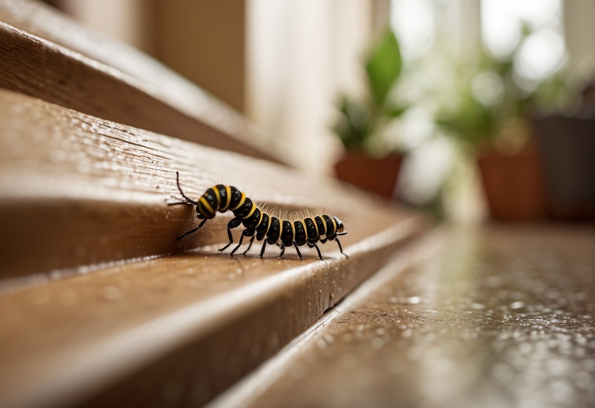 Tiny caterpillars crawling on household surfaces, such as walls or floors, with curious homeowners inspecting them closely