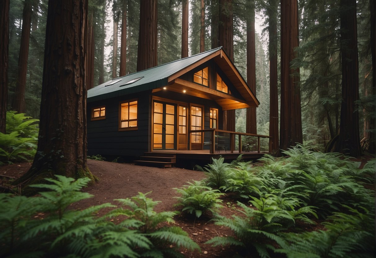 A tiny house sits nestled among towering redwood trees in the lush forests of northern California, surrounded by a peaceful and serene natural landscape