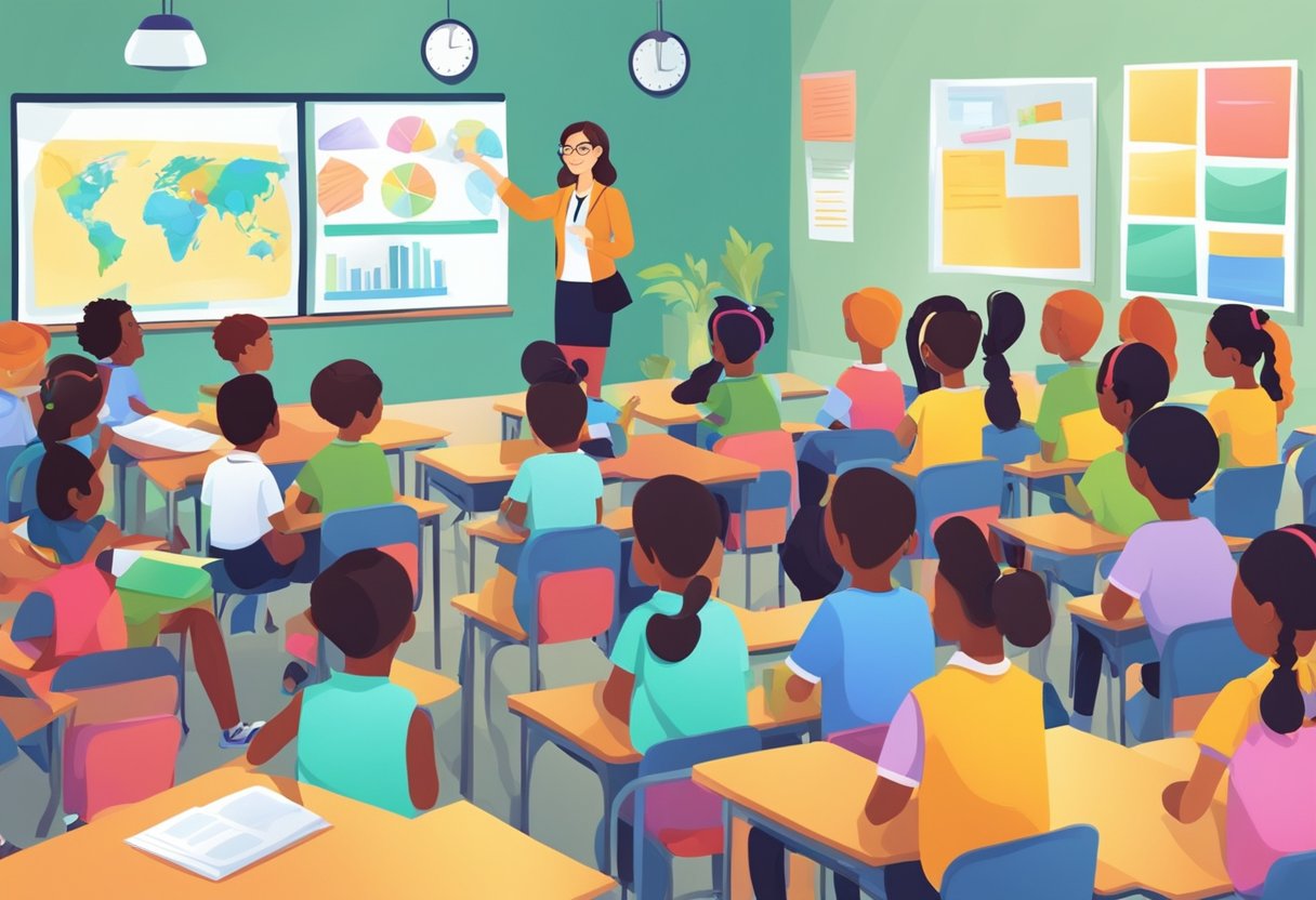 A classroom filled with bright, colorful posters and educational tools. Students engaged in group discussions and critical thinking activities. A teacher guiding the lesson with enthusiasm and encouragement