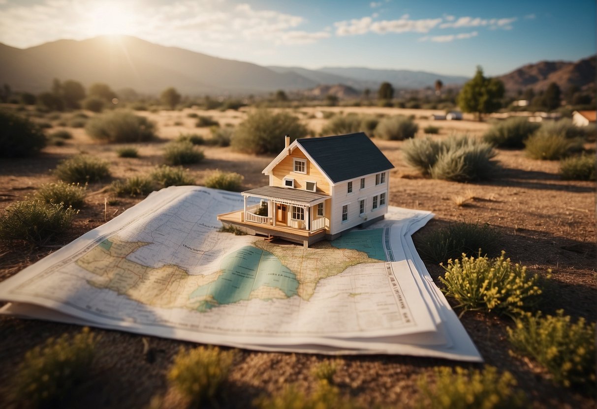 A tiny house sits on a plot of land in California, surrounded by various zoning and legal documents. A map of the state shows designated areas for tiny house placement