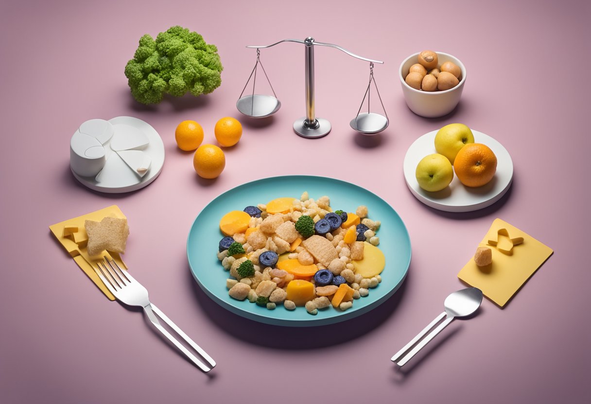 A scale with balanced weights, a healthy plate of food, and a cancer awareness ribbon