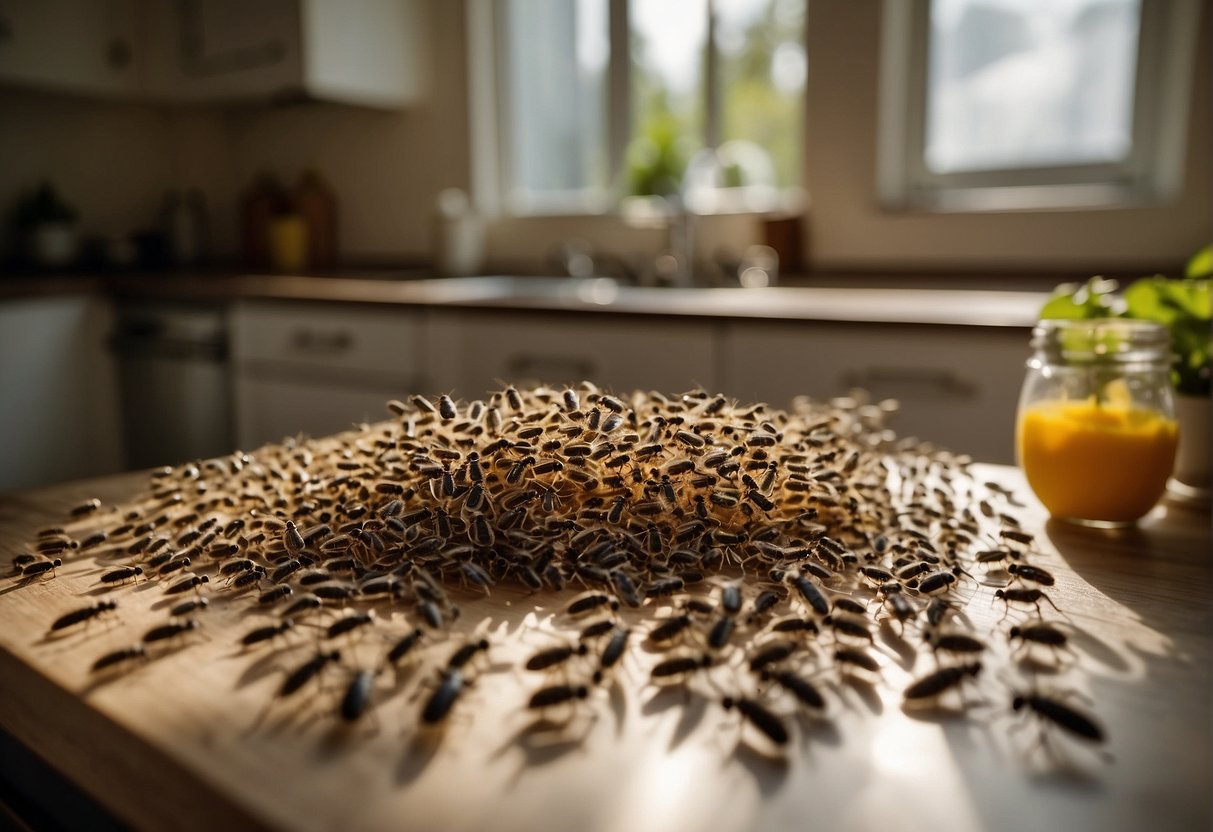 Tiny flying bugs swarm around a cluttered kitchen counter and open food containers. They hover near windows and light sources, causing annoyance and concern for the homeowner