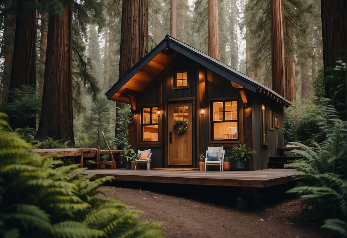 A tiny house nestled in a lush California forest, surrounded by towering redwood trees and a winding river