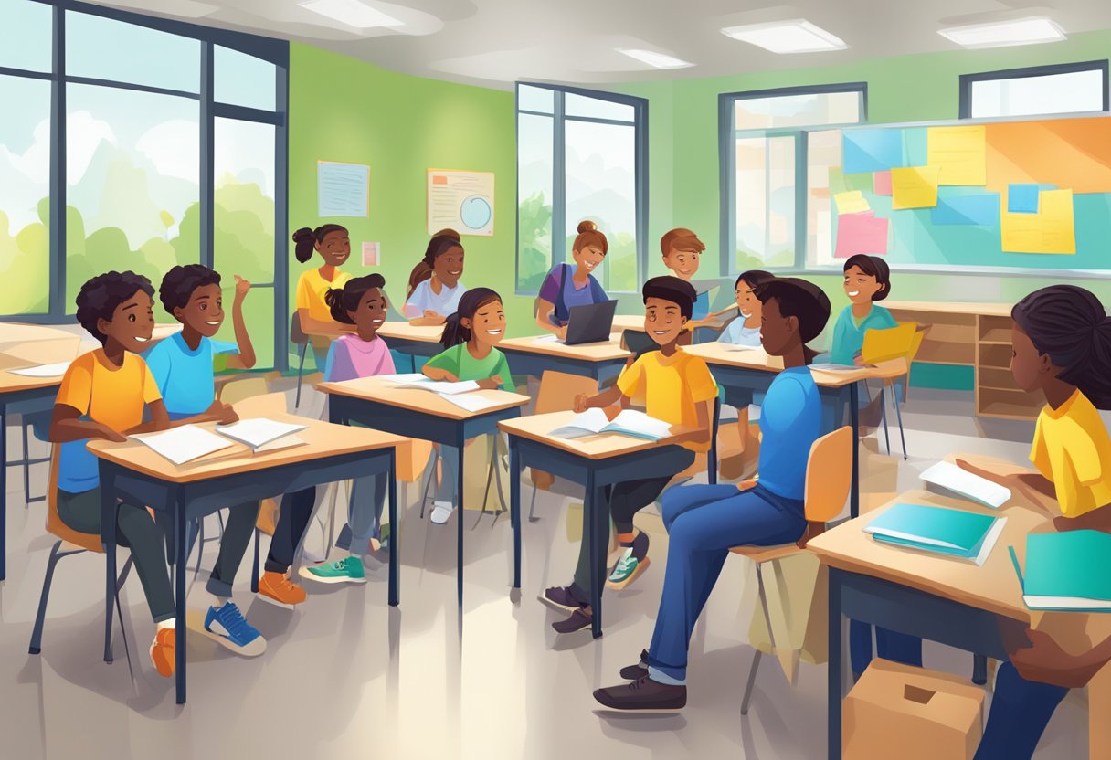 Students participate actively in a lively classroom discussion, with bright minds at work and engaged expressions. The atmosphere is energized, with a focus on critical thinking and learning
