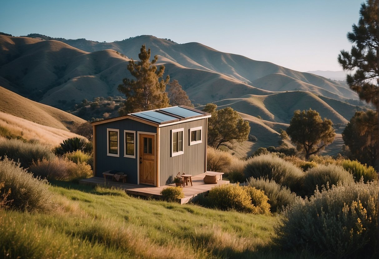 A tiny house nestled among the rolling hills of California, surrounded by lush greenery and under a clear blue sky