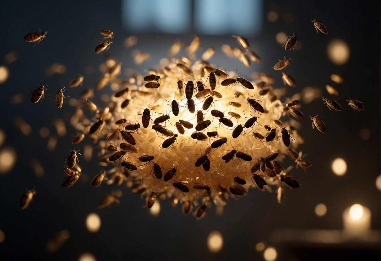 Tiny flying bugs swarm around a light source in a dimly lit room, landing on surfaces and causing annoyance