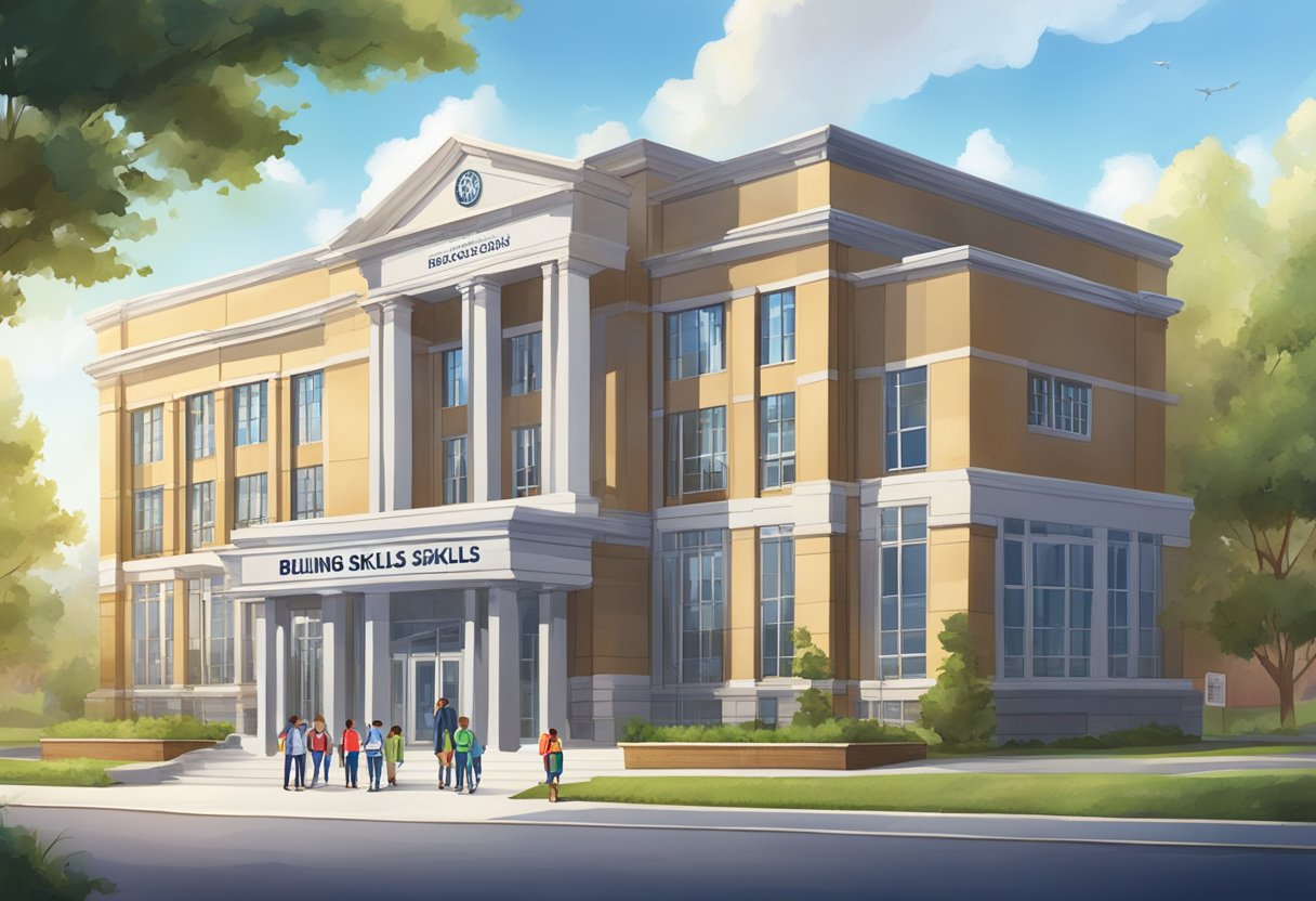 A school building with a prominent sign reading "Building Key Academic Skills School Success Starts with Sharp Thinking" displayed prominently
