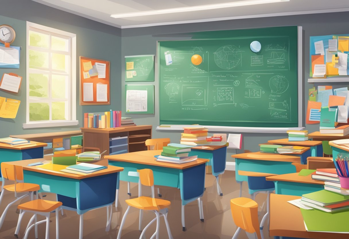 A classroom filled with colorful educational posters, a variety of school supplies neatly organized on desks, and a bulletin board displaying encouraging messages and academic achievements