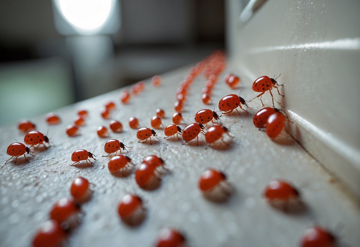 Tiny red bugs swarm across the kitchen floor and climb up the walls