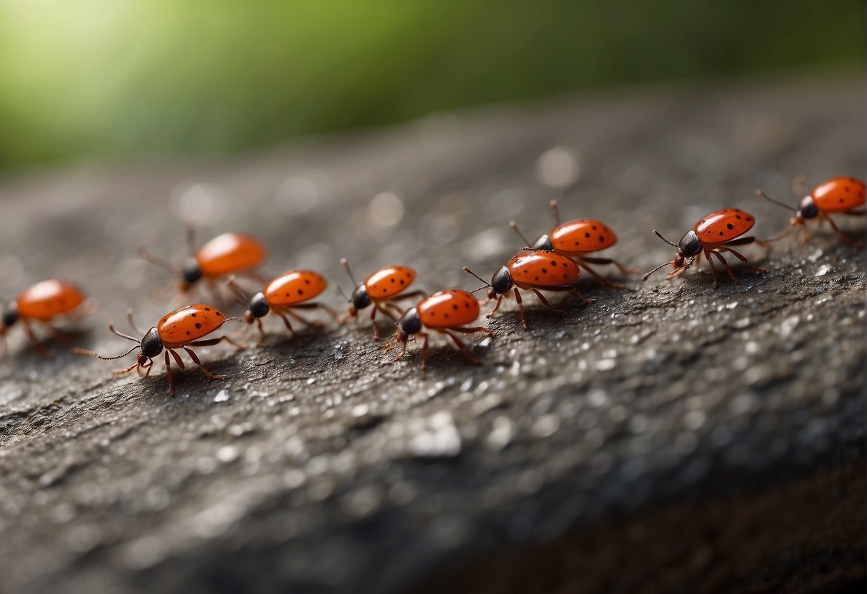 Tiny red bugs crawling on surfaces in a home, such as countertops, walls, or floors. They are small and vibrant in color, moving quickly