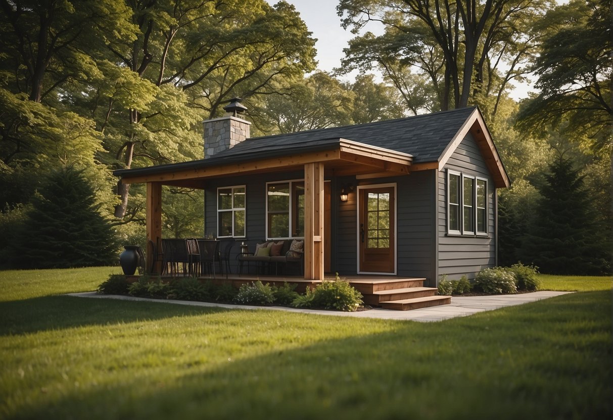 A tiny home sits on a grassy lot in New Jersey, surrounded by trees. The home adheres to strict design and construction standards, with a well-maintained exterior and a small porch