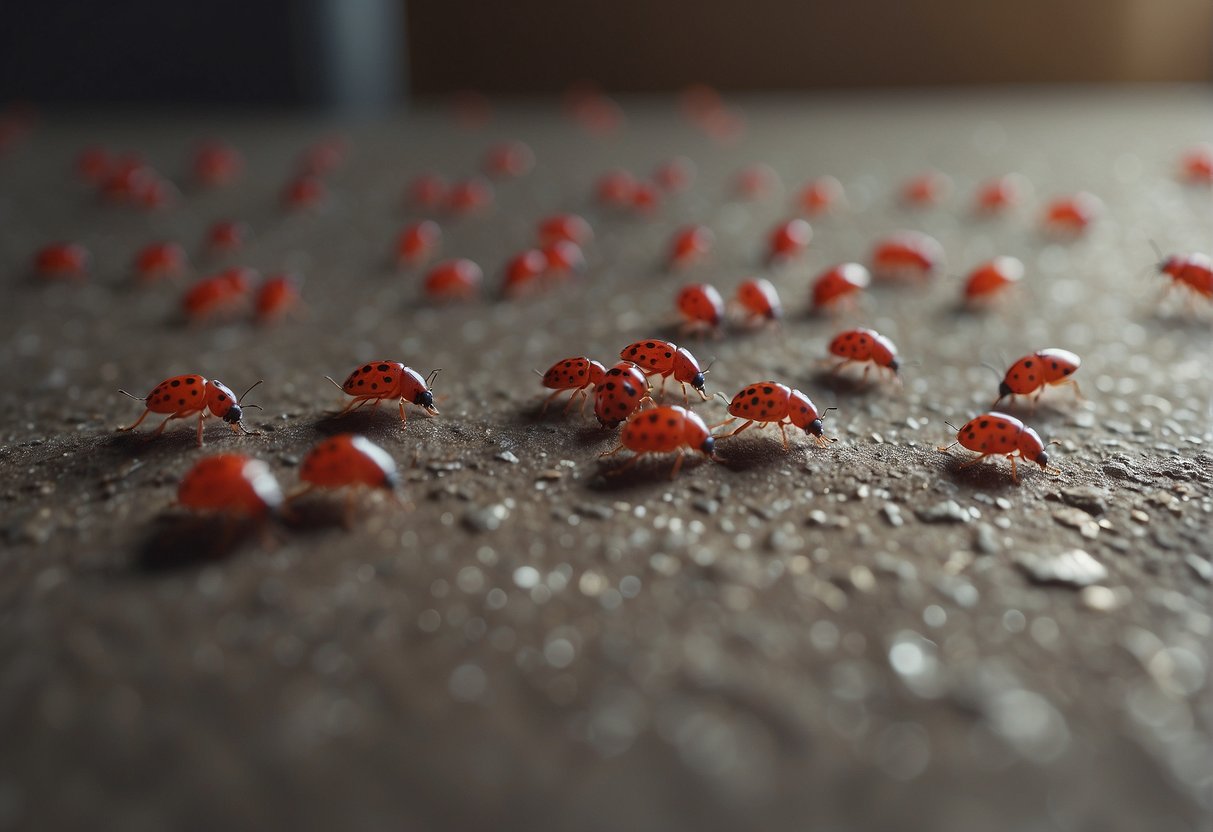 Tiny red bugs scatter across a kitchen floor, climbing walls and congregating near windows. They appear to be searching for food and shelter, creating a sense of invasion