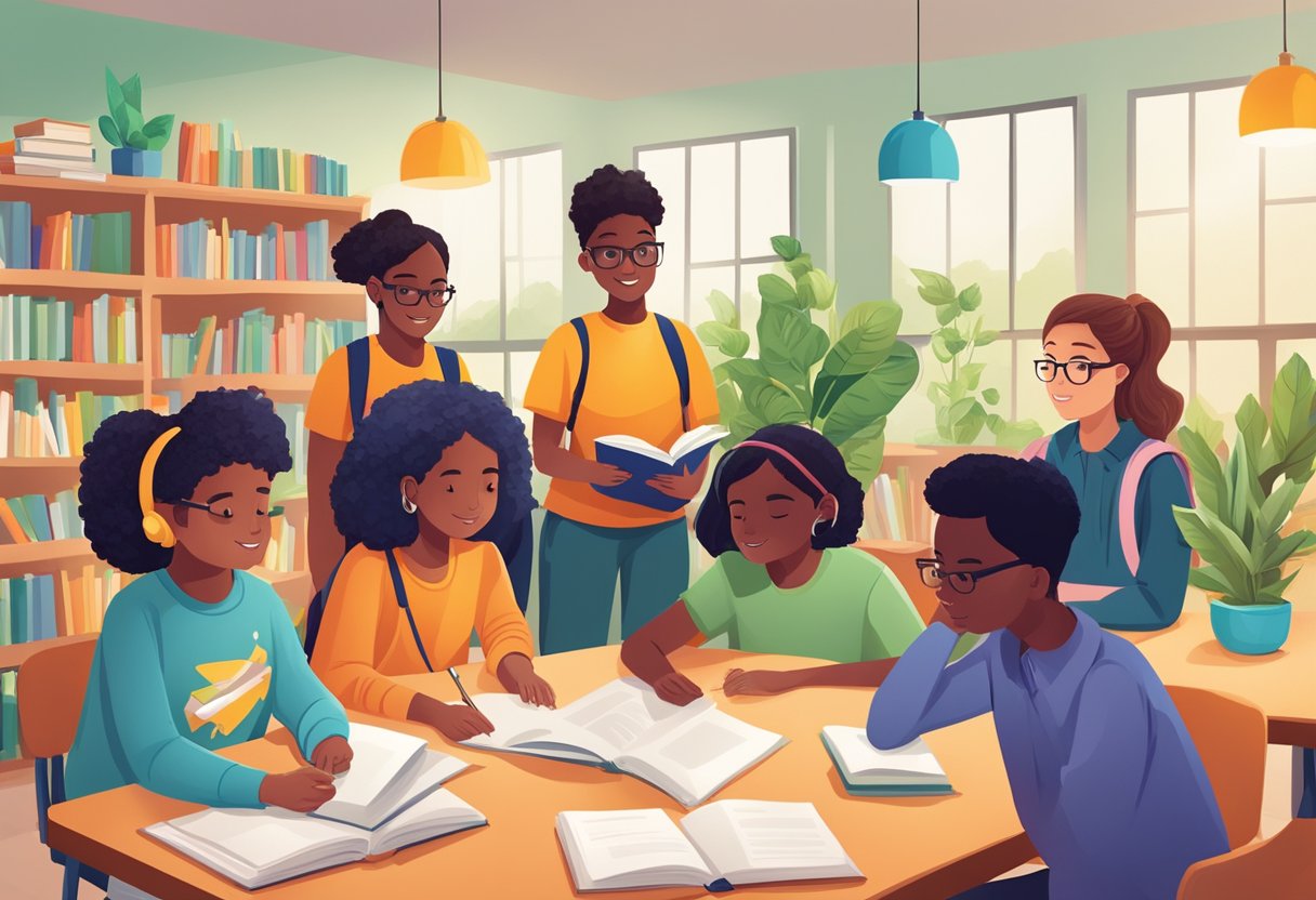 A diverse group of students engage in critical thinking activities, surrounded by books, plants, and educational tools in a vibrant classroom setting