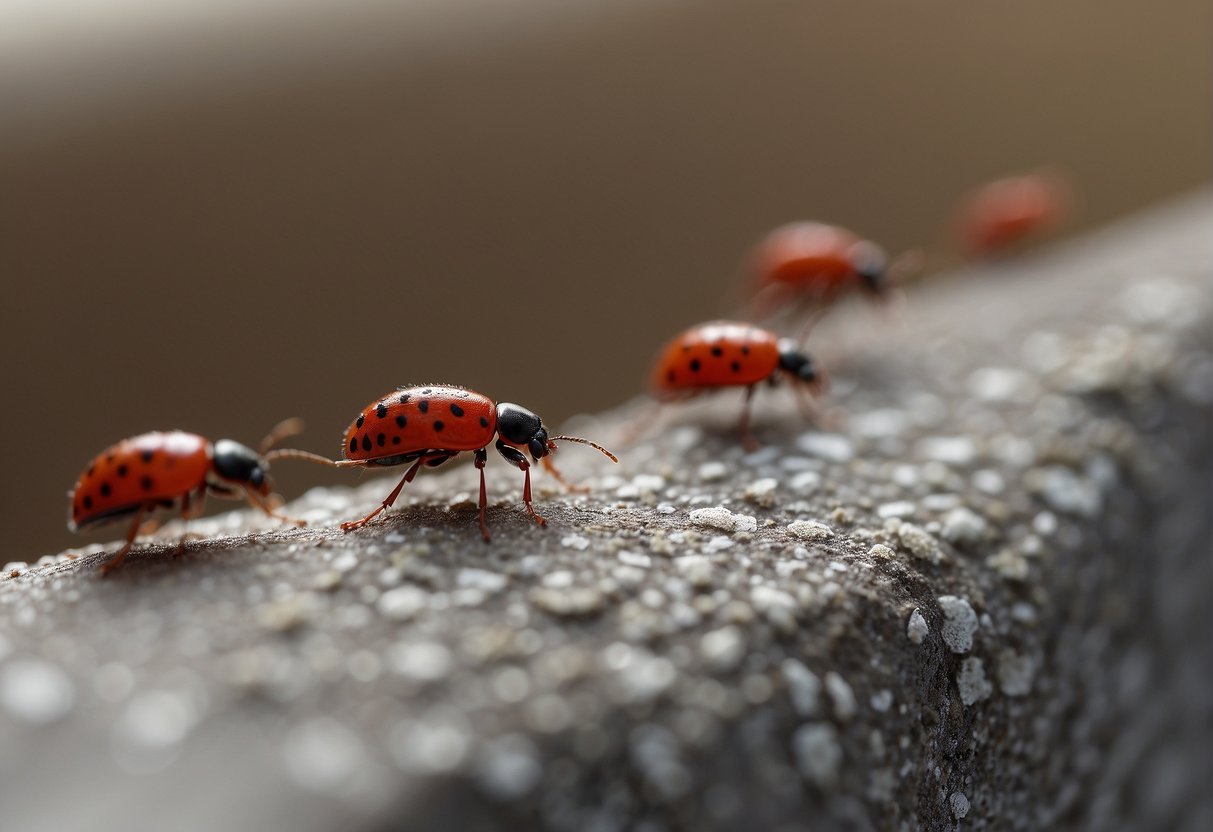 Tiny red bugs crawling on household surfaces, like walls and windowsills. Some may be clustered together, while others move individually