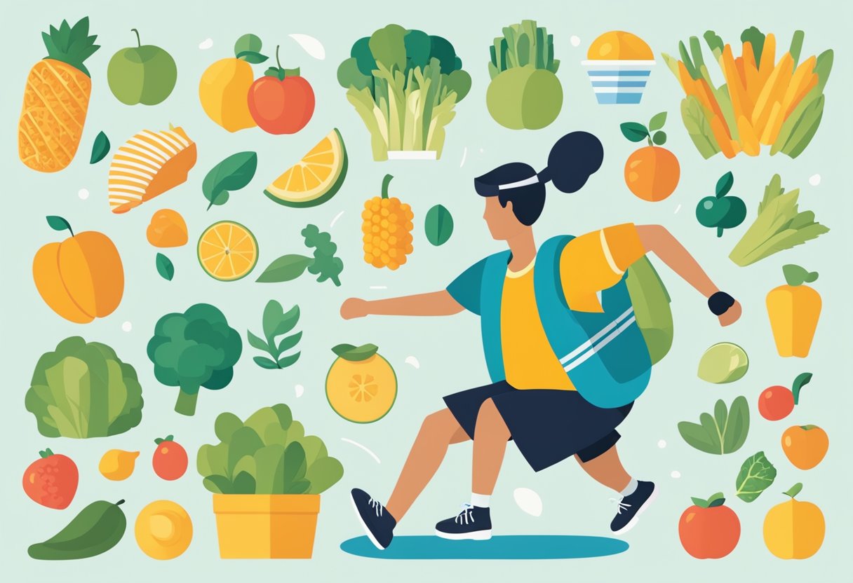 A person engaging in physical activity, surrounded by healthy food options, with a sense of empowerment and determination