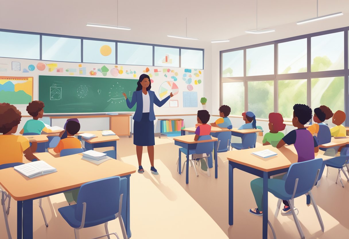 A classroom with bright, natural light streaming in through large windows. Desks are arranged in a semi-circle, facing a whiteboard filled with colorful diagrams and charts related to health and well-being. A teacher stands at the front, engaging with students in