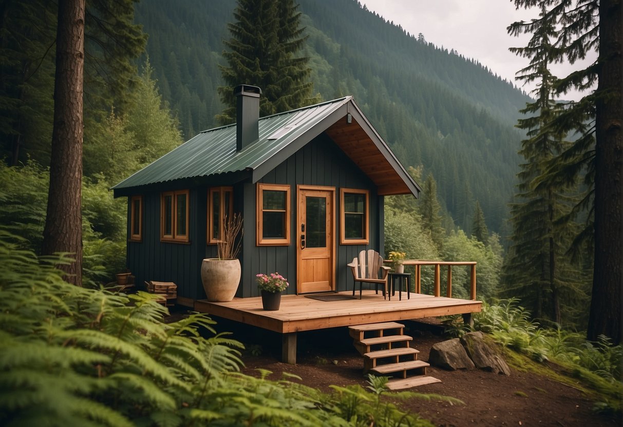 A tiny house sits nestled in a lush forest clearing in Washington state. The surrounding landscape is dotted with tall evergreen trees and a serene mountain backdrop