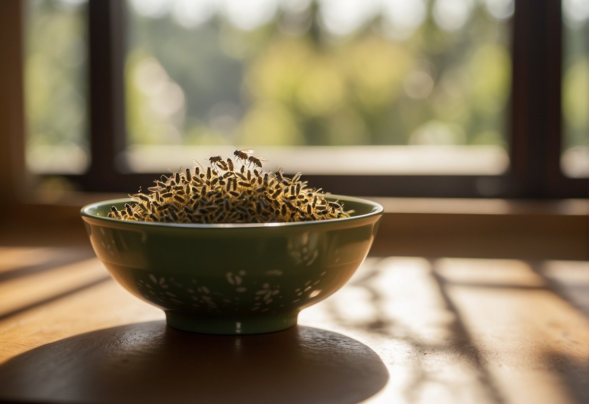 Tiny flies swarm around a fruit bowl in a sunlit kitchen. A window is slightly open, letting in a warm breeze